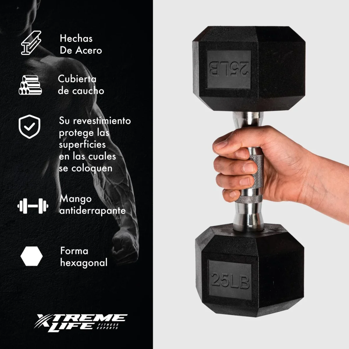 Mancuernas Hexagonal Par 25Lbs Pesas Para Ejercicio Caucho - Imagen 3