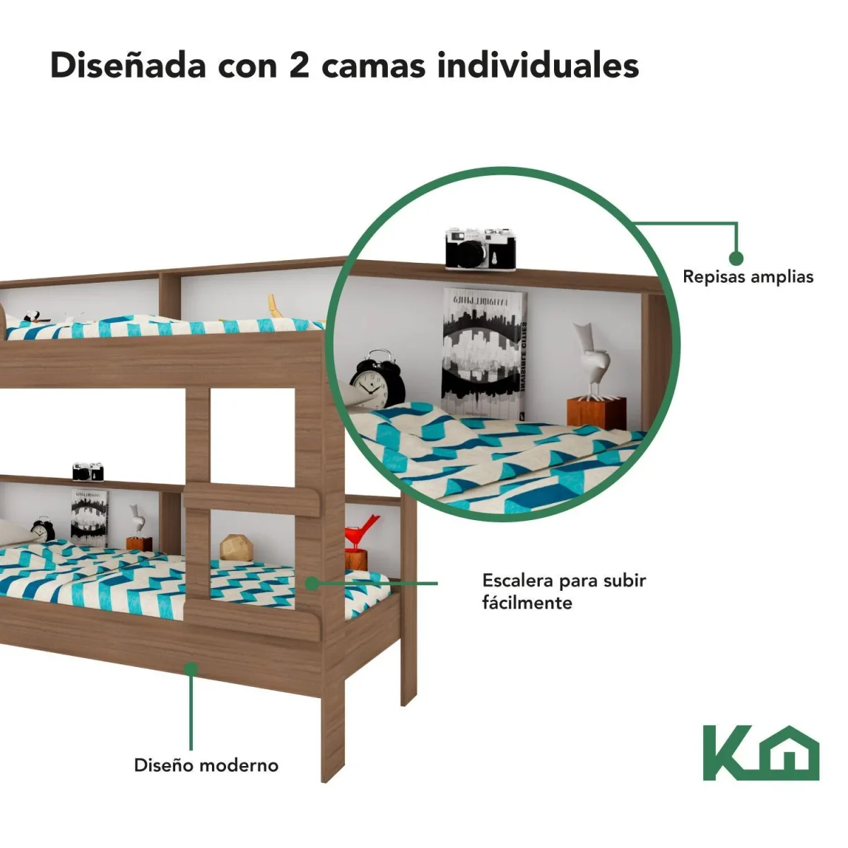Litera Doble Individual Base Cama Con Estante KingsHouse - Imagen 4