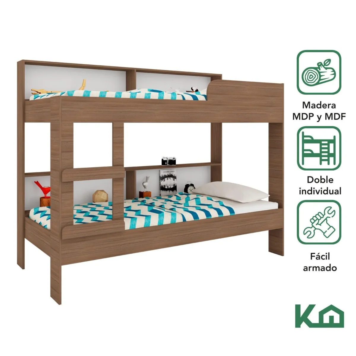 Litera Doble Individual Base Cama Con Estante KingsHouse - Imagen 3